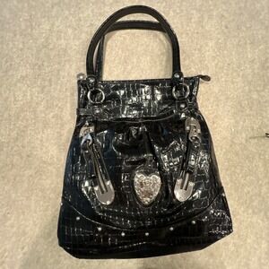 Vtg Y2K Kathy Van Zeeland Shoulder Tote Purse Bag Black Studded Croc Embossed